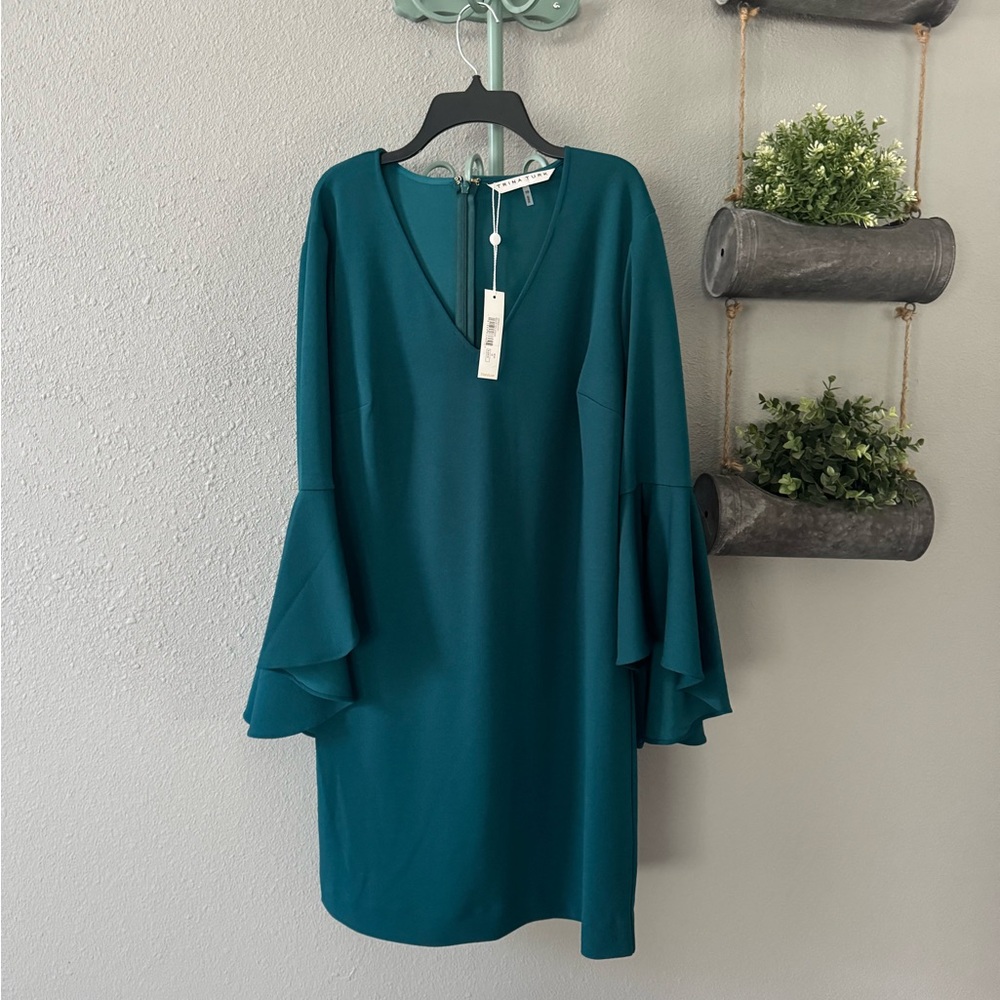 Trina Turk Teal Long Bell Sleeve Dress size 10 NWT